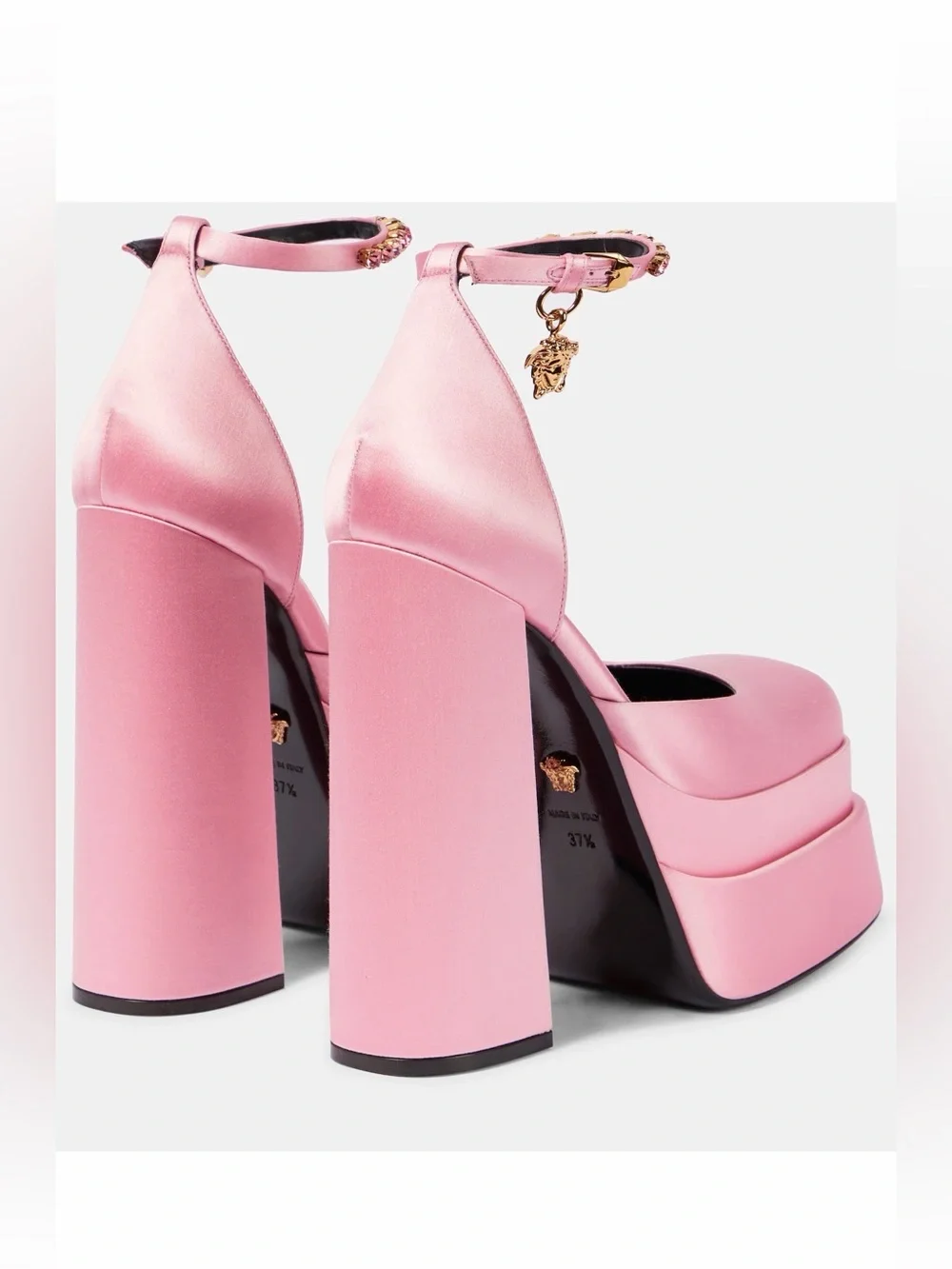 Versace Pink Satin Platform Block Heel Pumps with Ankle Strap